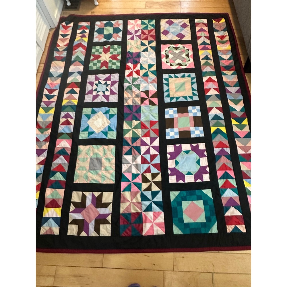 Handmade Patchwork Quilt – 72" x 86" – Colorful Geometric Blocks – Vintage Style